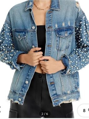 Women's SUNSET + SPRING Ivory PEARL Embellished DISTRESSED Denim JEAN JACKET